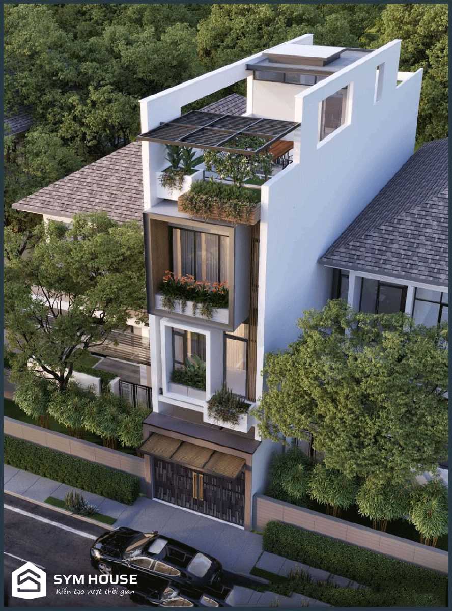 Tận dụng lối thiết kế hình khối nhấp nhô để bố trí cây cảnh nhằm mang đến bầu thiên nhiên xanh mát cho tổng quan mặt tiền ngôi nhà